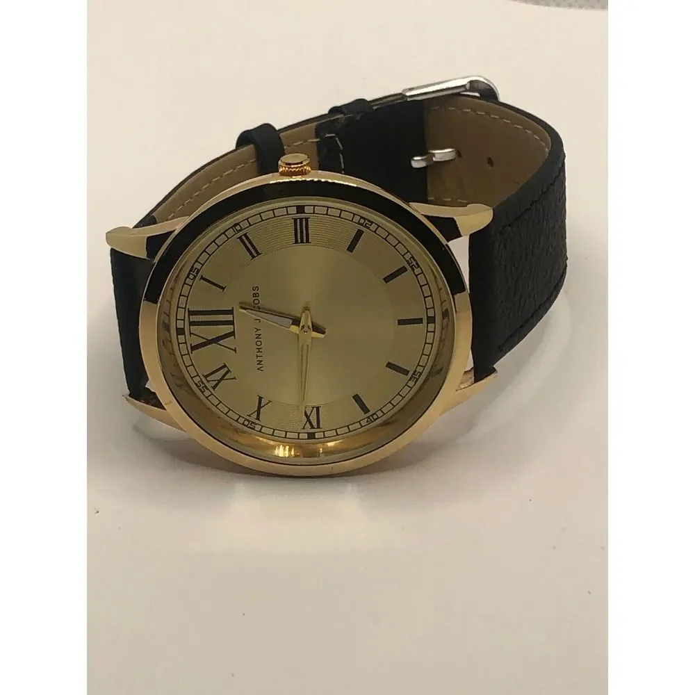 Anthony Jacobs Unisex Black Leather Analog Gold Dial Quartz Genuine Watch OP11